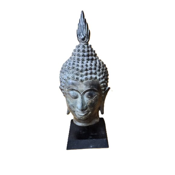 Vintage Bronze Buddha Head on Wood Base 11" Thai Style Natural Patina Wabi Sabi - Picture 1 of 6